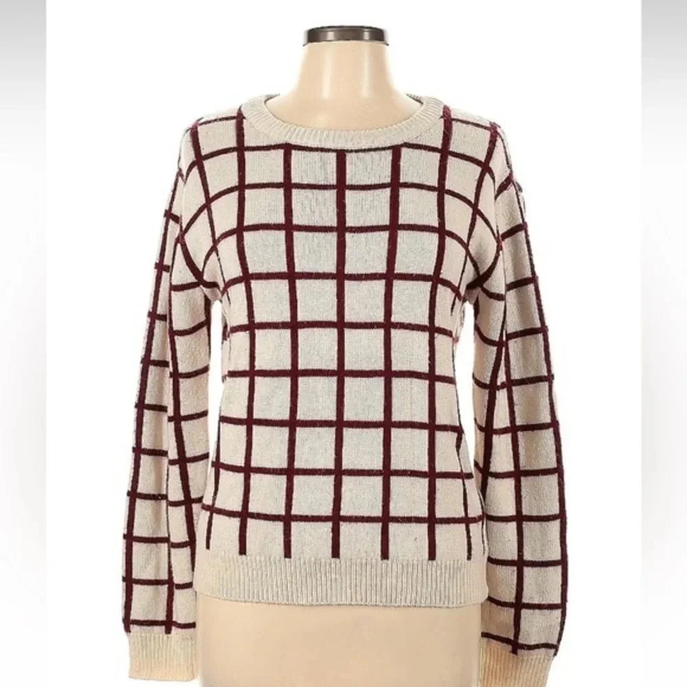 W118 by Walter Baker Windowpane Plaid Beige Burgundy Sweater Size Large L